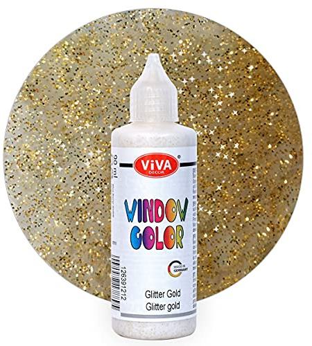 Viva Decor Window Color (Glitter-Gold, 90 ml) Fenstermalfarben für wieder abziehbare Bilder und Sticker für Deko, Spiegel, Fliesen, Vasen und Fenster - Made in Germany