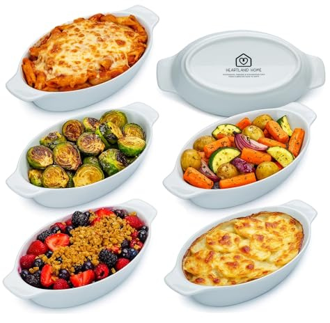 Heartland Home Lot de 6 mini cocottes ovales en porcelaine pour chou-fleur au gratin, bols fendus à la banane, portion unique, petit plat individuel