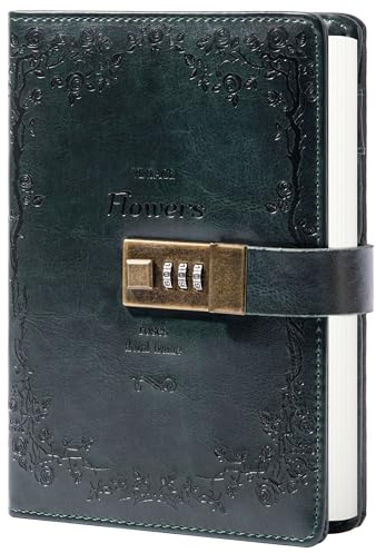 Flower Leather Journal with Lock Writing Diary Notebook Combination Password Ruled Refillable Paper 205 X 140 Mm (Green)