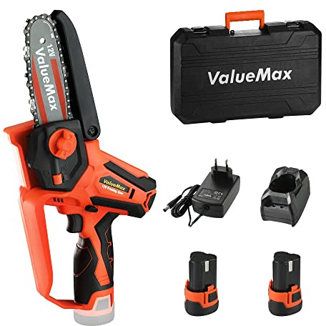 ValueMax Mini Tronconneuse a Batterie 4 Pouces, 12V Tronçonneuse Électrique Sans Fil Portable et 2 * 2000mAh Batteries pour la Coupe du bois, les Branches d'arbres, l'élagage le Jardin