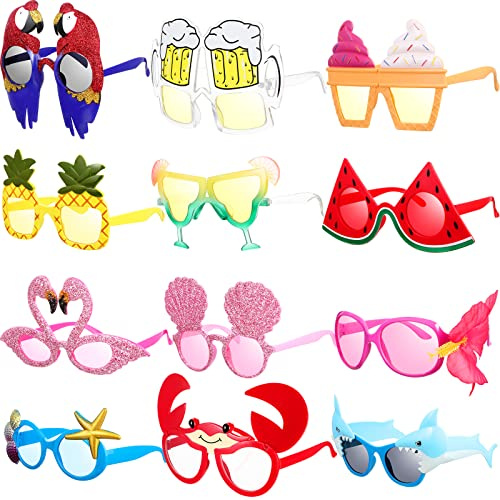 12 Pairs Luau Party Sunglasses Funny Summer Sunglass Hawaiian Sunglasses Tropical Beach Party Favors Photo Booth Props(Cute Style)