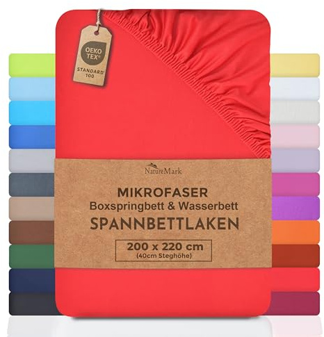 NatureMark Microfaser Boxspringbett & Wasserbett Spannbettlaken 200 x 220 cm - 40 cm Steghöhe - 200x220cm Spannbetttuch - 100% Polyester, Rot