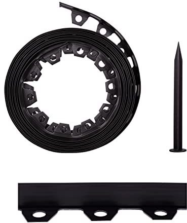 Lawn Garden Edging Border with Heavy-Duty Ground Stakes 32ft | 10m Black 4CM High Flexible Flower Bed Edge and Reinforced Plastic Pegs, Professional Landscape Dividers, All Weather Resistant