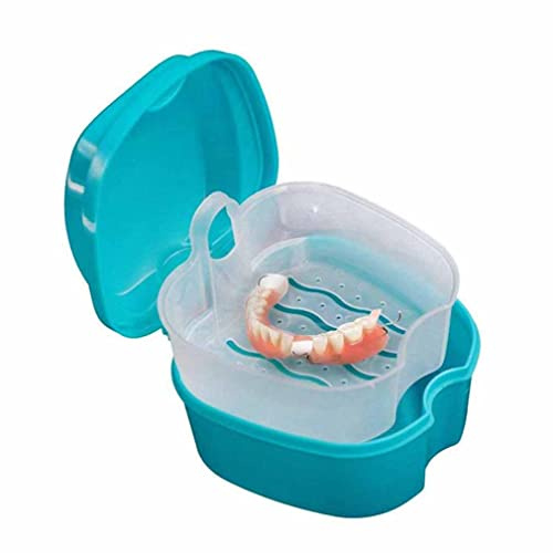 Denture Bath Case Orthodontic Dental Retainer Box Plastic False Teeth Bath Box Denture Cleanning Set Container Soaking Denture Bath for Storing Soaking Dentures Cleaning Box with Filter(Light Blue)