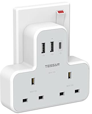 USB C Charger Plug Adapter UK, TESSAN Double Plug Extension Socket with Fast Charger, Multi USB Charging Station, MultiPlug Extender Compatible for Kitchen, School Supplies