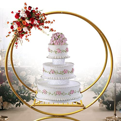 Alzata per torte nuziali, 88 cm, dorata, ad arco, supporto per torta floreale, per feste, matrimoni, centro per la decorazione della tavola, grande torta, supporto per torte ad arco con base rotonda