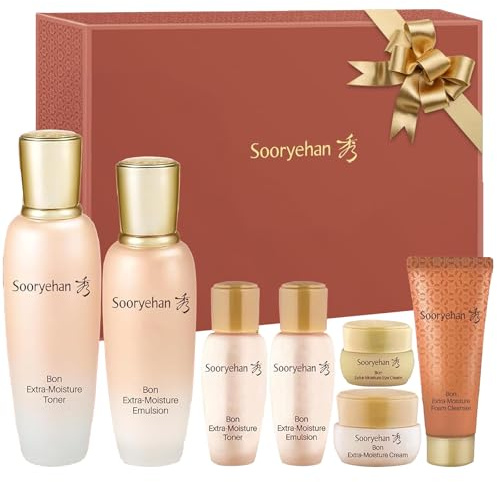 Sooryehan Bon Extra Moisture Korean Skin Care Gift Set (13.01 Fl Oz) - Luxury Premium High-end by LG Beauty. Hydrating Toner, Emulsion Lotion, Cleansing Foam, Eye Cream.