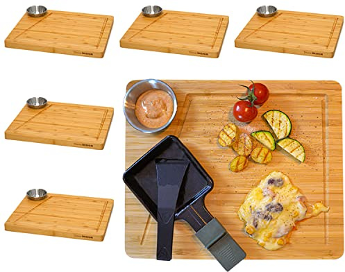 DuneDesign Set d'Assiettes à Raclette 6 Personnes - 30x25 Planche à Raclette en Bois avec Bol à Dips - Dessous de Poêlon à Raclette en Bois - Accessoires pour Raclette Planchette à Raclette en Bambou