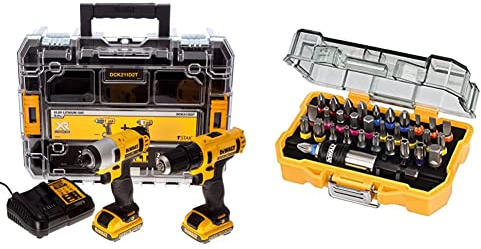DEWALT DCK211D2T-QW - KIT = 10,8 V XR + trapano a batteria cacciavite Impatto Organizzatore TSTAK XR + V & DT7969-QZ Set Avvitatura Composto da 32 Pezzi Assortiti, Adattatore Magnetico 1/4