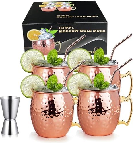 izdeel Vaso Moscow Mule Taza Cobre Mug Copa de Cóctel, para Cóctele, Vodka, Bebidas Frías, Hogar, Bar, Fiesta, San Valentín, Navidad, Año Nuevo, Cumpleaños, Regalos Caja (4 Tazas, 4 Pajitas y Jigger)