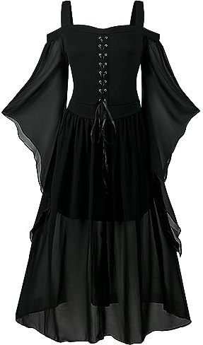 NFAOEGJ medeltida klänning för kvinnor med trumpetärmar, traditionell irländsk klänning för kvinnor renässans cosplay kostym karneval party halloweenkostym (svart, XXL)