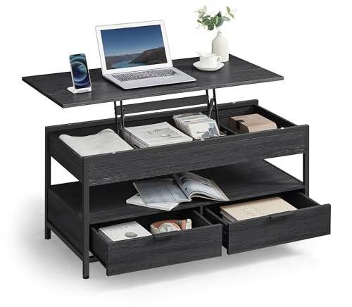 VASAGLE Soffbord, vardagsrumsbord med utdragbar bricka, förvaringslådor, med öppen förvaring och dolt fack, antracitgrå och svart bläck, LCT209B22