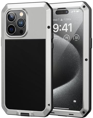 Lanhiem for iPhone 15 Pro Max Case Heavy Duty Shockproof Cover Tough Armour Metal Case with [Tempered Glass Screen Film], 360 Full Body Protective Case Cover for iPhone 15 Pro Max - Silver