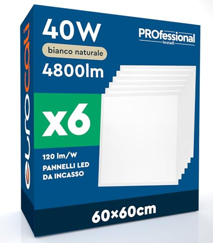 6 Pannelli LED Quadrati 60x60 40W da Incasso con Driver Philips 4800 lumen - Luce Bianca Naturale 4000K - Alta Luminosità Plafoniera Ufficio 120 lm/W Lampada da Soffitto per Controsoffitti Modulari