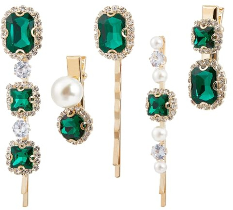 NICENEEDED 5-Teiliges Haarspangen-Set Mit Grünen Strasssteinen, Glitzernde Kristall-Haarspangen, Glitzernde Edelstein-Perlen-Haarnadeln, Kopfschmuck Für Frauen Und Mädchen, Haarschmuck