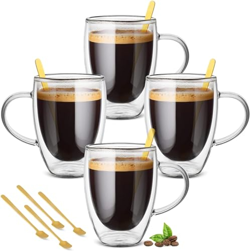 autumndeer Lot de 4 Tasse à Café Double Paroi en Verre à Café 350 ml - Résistants à la Chaleur (Lait, Cappuccino, Latte) - Empilables et Transparents - Idéaux pour Boissons Chaudes et Froides
