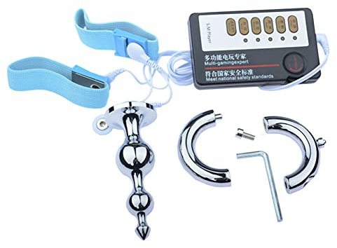 Elektro Shock Sex Kit mit Edelstahl Ballstretcher Penis Ring/Hodenring & Anal/Vagina/Butt Plug Stimulator & Penisplug Harnröhren Dilatator & 2 Pads Reizstromgerät SM Sexspielzeug,E,50mm