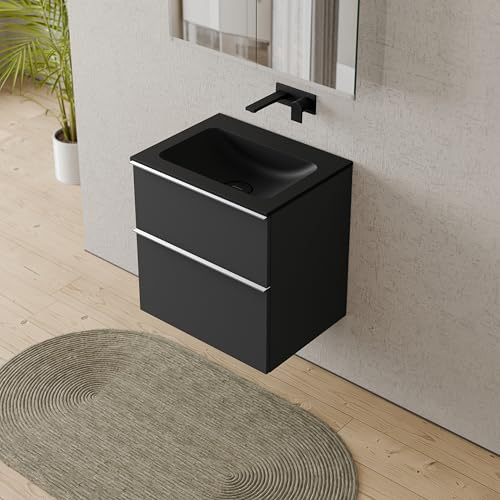 BERNSTEIN Badmöbel-Set Lavoa, Waschtisch-Unterschrank mit Waschbecken 80cm in Anthrazit - CREAM - Schwarz matt ohne Hahnloch - 2 Schubladen, Griffe in Chrom, 5 Jahre Garantie