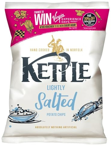 Kettle Lightly Salted Potato Crisps, 130g Sharing Bag, Hand Cooked in Norfolk, Absolutely Nothing Artificial, Gluten-Free, British Potatoes, Suitable for Vegans