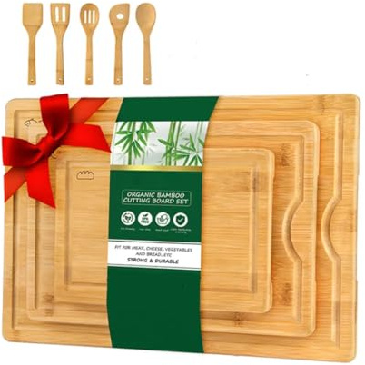 Click Bargain Bamboo Chopping Board Set – Large 38x25cm Wooden Cutting Board with Juice Groove & 5-Piece Utensil Set – Reversible Board for Meat, Vegetables, Cheese & Bread