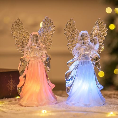 Décoration de Noël - Lot de 2 Boules à Neige - Ange Lumineux Avec LED - Cristal Tourbillonnant - Statue Avec Minuterie - Multicolore - Figurine en Prière