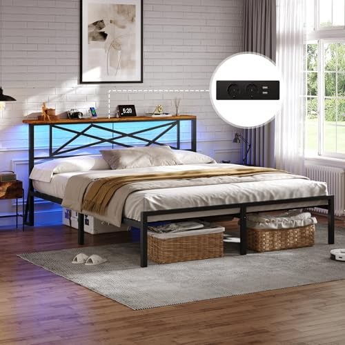 DICTAC Letto Matrimoniale 160 x 200 cm con Illuminazione LED, Telaio in Metallo con Stazione di Ricarica USB e Testata in Legno, Rete a Doghe in Metallo