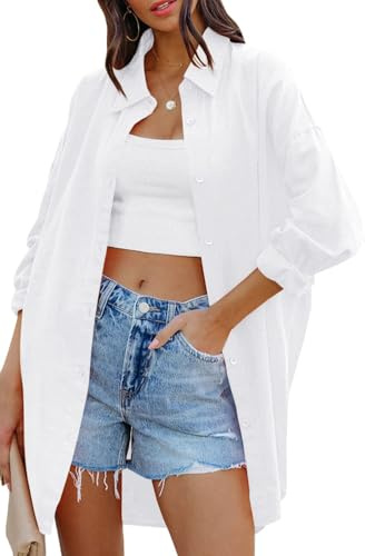 Cicy Bell Camicetta Oversize da Donna Camicie a Maniche Lunghe Button Down T-Shirt Casual in Cotone con Tasche, Bianco, L