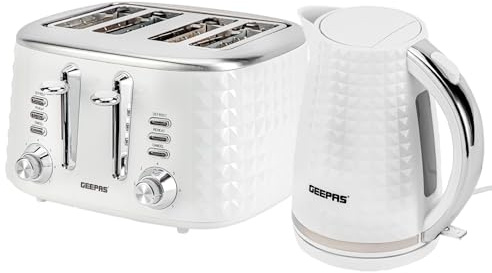 Geepas 4 Slice Bread Toaster & 1.7L Cordless Electric Kettle Combo Set with Textured Design – 1750W Toastie Machine with 7 Browning Control - 2200W Kettle with Auto Shut Off & Boil Dry Sensor - White