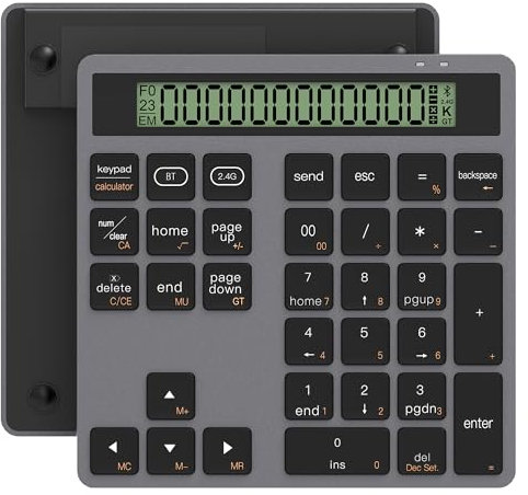 Pavé Numérique sans Fil avec Calculatrice - Clavier Numérique sans Fil Bluetooth & 2,4GHz Numérique Ergonomique avec 34 Touches avec Saisie de Données et Fonction de Calcul pour Windows, iOS, Android
