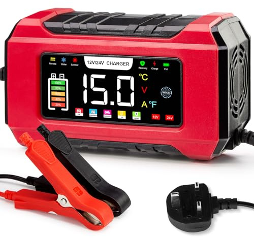 15-Amp Car Battery Charger 12V/24V, Aptliton Intelligent Car Battery Charger with 9-Stage Charging, LCD Display For Car, Truck, Motorbike, Boat - Compatible with Lead-Acid, AGM, EFB, LiFePO4 Batteries