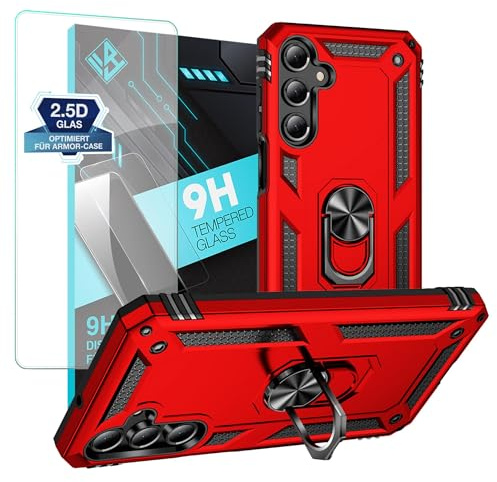 LBH Outdoor Hülle für Samsung Galaxy A16 / A16 5G mit Displayglas Armor Militär Stoßfest Handyhülle 360 Grad Metal Ring Halter Ständer Schutzhülle für Handyhalterung Auto Magnet Rot