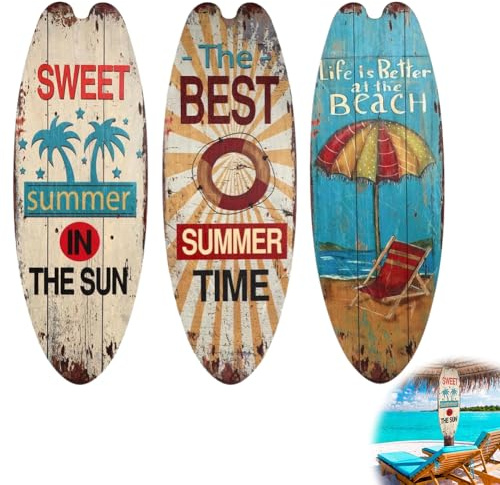 CEWROM 3 Stück Surfbrett Deko, 45 cm Holz Surfbrett Kunst für Wand Deko Terrassen Outdoor, Retro Wohndeko Surfbrett Schmuck Marine Stil Dekoration Strand für Bar, Pool, Mediterrane, Beach Party