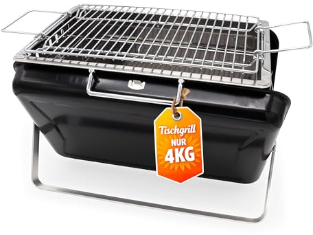 RIN & RUT Tragbarer Holzkohlegrill klappbar – Kompakter Design BBQ-Grill wie ein Koffer – Mit Belüftung, 2-stufigem Edelstahlrost & faltbarem Gehäuse – Ideal für Balkon, Camping & Reisen