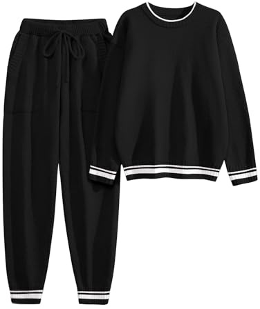 Niwicee Pigiama Donna Invernale Pile Pigiami Caldo Felpato Abbigliamento da Notte per la Casa Pigiami Due Pezzi Felpa a Maniche Lunghe e Pantaloni con Tasche (Nero, S)