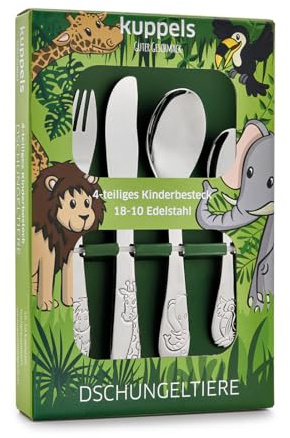 Kinderbesteck Set 4-teilig mit Motiv - personalisiertes Kinderbesteck – Namensgravur auf Messer, Gabel, Löffel & Kaffeelöffel – individuelles Geschenk zur Geburt, Taufe, Geburtstag (DSCHUNGELFREUNDE)