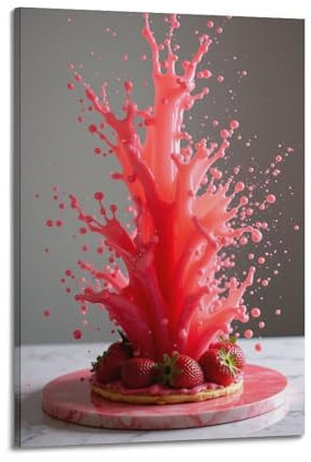 hjkhjt Poster de fruits explosant de jus de fraise tachant une planche à pâtisserie en marbre - Art mural esthétique sur toile pour salon, chambre à coucher - 40 x 60 cm - Style cadre