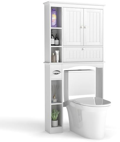 FANTASK Étagère de Toilette autoportante avec étagères réglables et 3 Portes - Armoire en Bois - Meuble de Machine à Laver - 80 x 21 x 165 cm (Blanc)