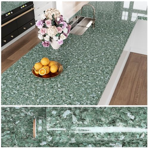 VEELIKE Klebefolie Granit Grün Selbstklebende Tapete Terrazzo Hochglanz Klebefolie Arbeitsplatte Küche Rückwand Küchentapete Abwaschbare Tapete Badezimmer Esszimmer Tischfolie 40 cm x 300 cm