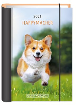 Terminplaner Hardcover - Happymacher A6 - Taschenkalender 2026 - Grafik Werkstatt - Buchkalender mit Verschlussgummi und Postkarten - 1 Woche auf 2 Seiten - 11 cm x 15,5 cm