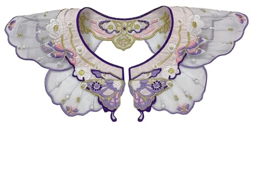 Faux col brodé vintage, amovible, style rétro, noir, avec motif floral et nœud ruban, accessoire élégant pour femmes et filles, Poudre d'or Pur, Taille unique