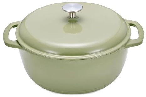 Amazon Basics Cazuela Redonda de Hierro Fundido Esmaltado con Tapa, 5,7 L, Oliva