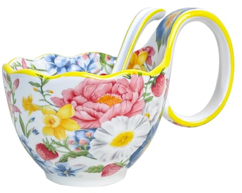Gnlnkn Ceramic Soup Bowl with Handle and Spoon, 15 oz (17.5 oz Max) Floral Soup Mug, Wavy Edge Oatmeal Cereal Bowl, Microwave & Dishwasher Compatible, Oven Use (Follow Care Instructions)