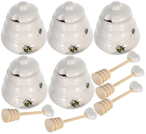 Ensemble Pot de Miel D'abeille en Céramique Blanc, 5 Pièces avec Louche | Couvercle Inclus, Usage la Cuisine Maison, Style Créatif Abeille, Accessoire Décoratif, Lot Pratique pour Service