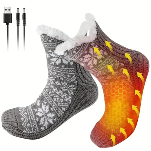 UTTASU USB beheizte Bodensocken für Damen, elektrische Fußwärmer mit Anti-Rutsch-Griffen, gemütliche Winter-Thermo-Hausschuhe für Zuhause, Büro, Rot