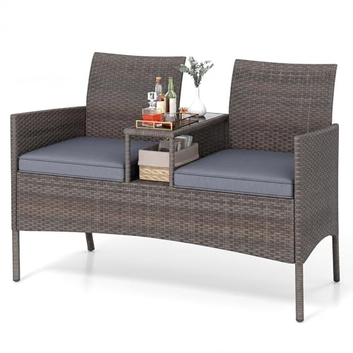 COSTWAY Gartenbank mit Tisch, 2-Sitzer Polyrattan Sitzbank, Sitzgruppe, Gartenmöbel, Terrassenmöbel, wetterfeste Balkonmöbel für Terrasse, Garten, Balkon