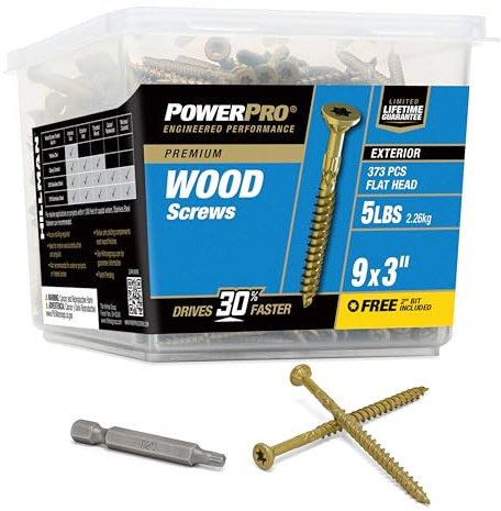 Power Pro Premium Exterior Wood Screws, #9 x 3 Inch All-Purpose Deck Screws for Outdoor Projects, T-25 Star Bit Included, Bronze, 373 Pieces | 48611V4