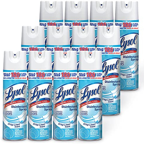 Lysol Disinfectant Spray, Household Essential Cleaning Supplies, Multi-Purpose Room Spray, Antibacterial Sanitizer Spray, Upholstery Deodorizer, Home and Bathroom, Crisp Linen,19 Fl Oz (Pack of 12)
