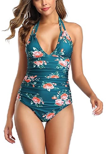 Sweetneed chida yi Banorer Dam Baddräkter Halter Halter Unna Tillbaka Baddräkter Mage Effekt Platt Baddräkter Kvinna Reducerare Ett stycke Baddräkter med Push-Up Verango, Mörkgrön, S