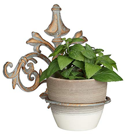 Relaxdays Set of 5 Baroque Wall Flower Racks, Cast Iron, Vintage Outdoor Flower Pot Holder, Ø 13.5 cm Rings, Gold-Grey
