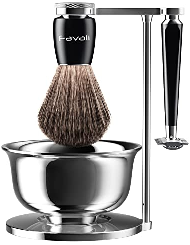 Favali Rasierpinsel Set - Rasierpinselhalter + Rasierschale + Dachshaar-Rasierpinsel, Rasierhobel (Rasierzeug-02)